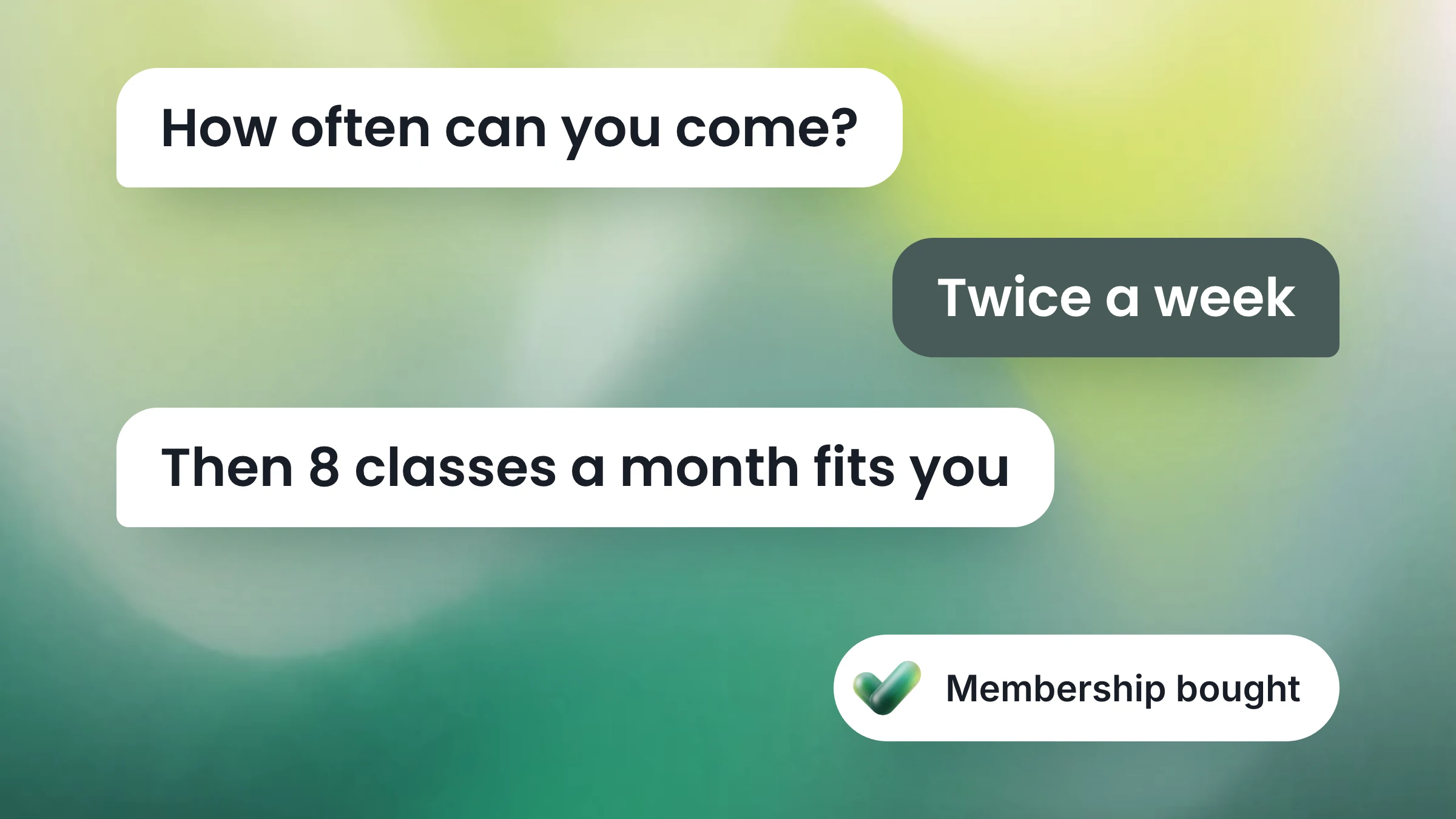 A message thread on a green gradient: the studio asks how often the customer can come, she answers twice a week, the studio says 8 classes a month fits her, and the membership is bought.