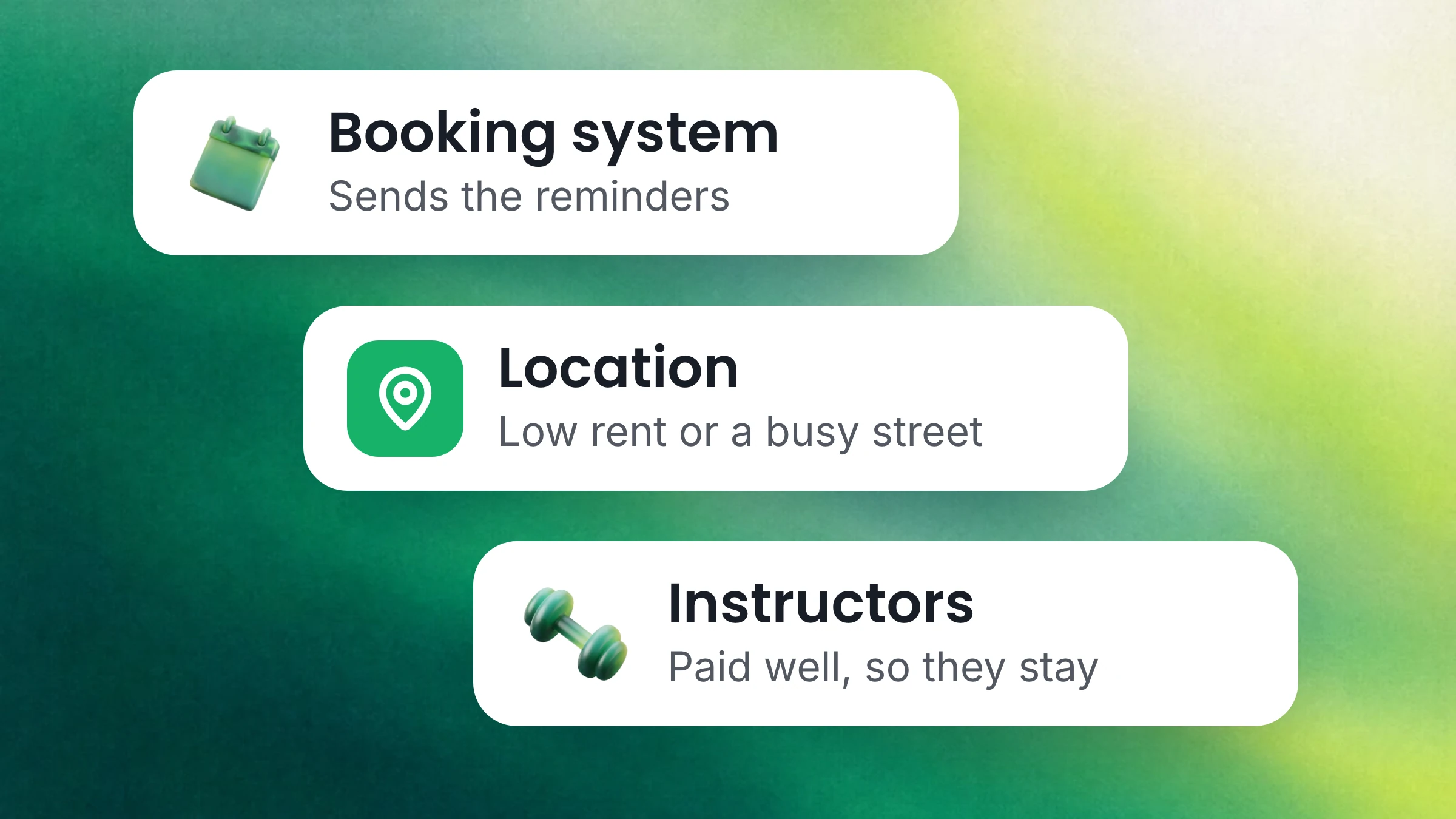 Three white cards on a green gradient, one under the other: a booking system that sends the reminders, a location with low rent or a busy street, and instructors paid well so they stay.