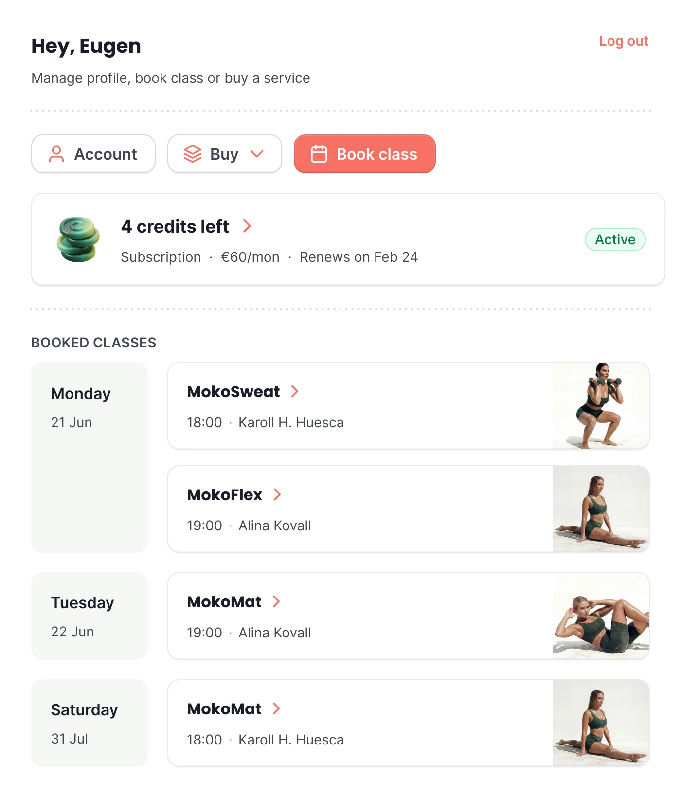 A customer’s own page, showing the credits left on their membership and the classes they have booked.