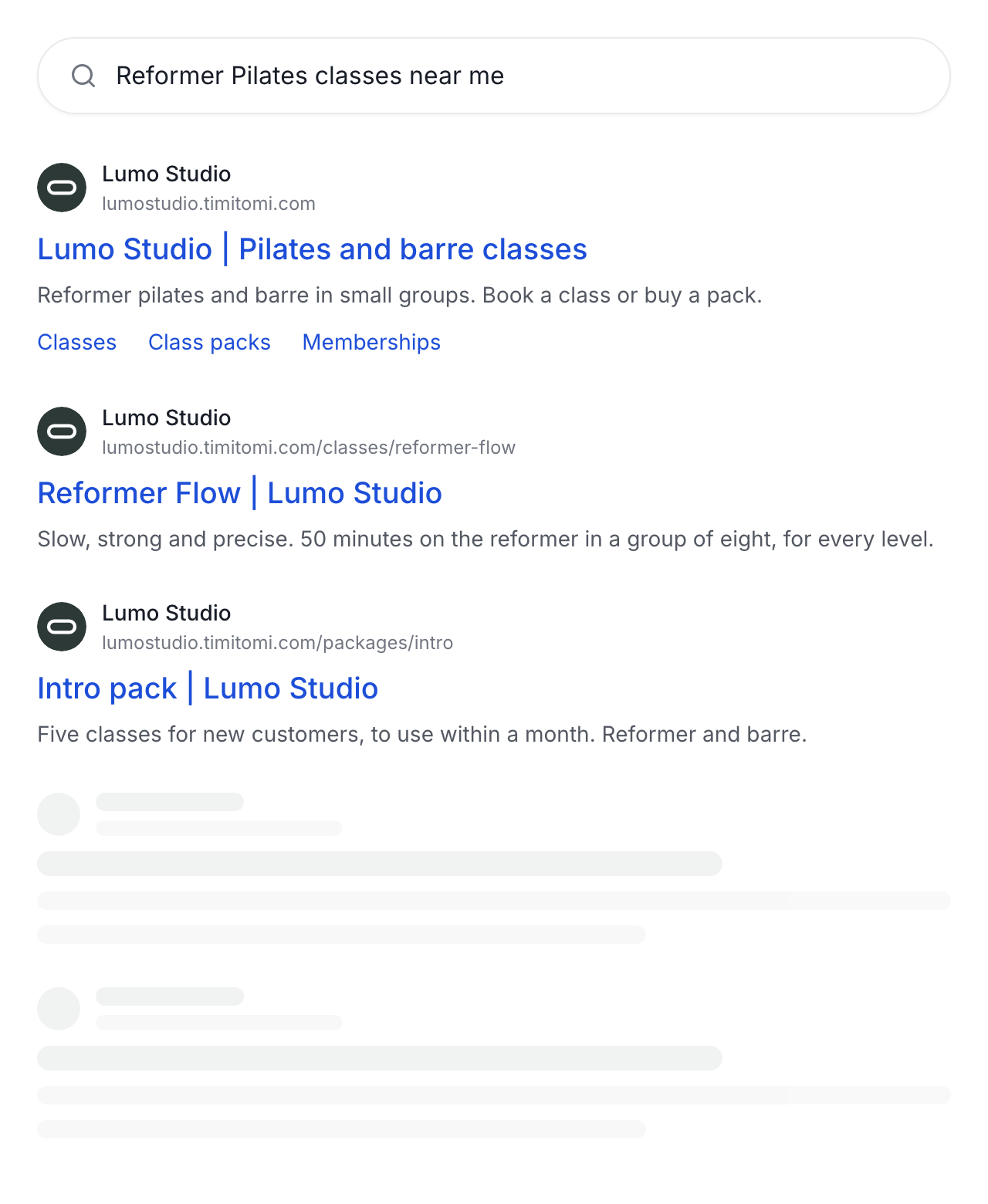 A page of search results for the same studio: its home page with links to its classes, packs and memberships, then a class and a pack, each as a result of its own.