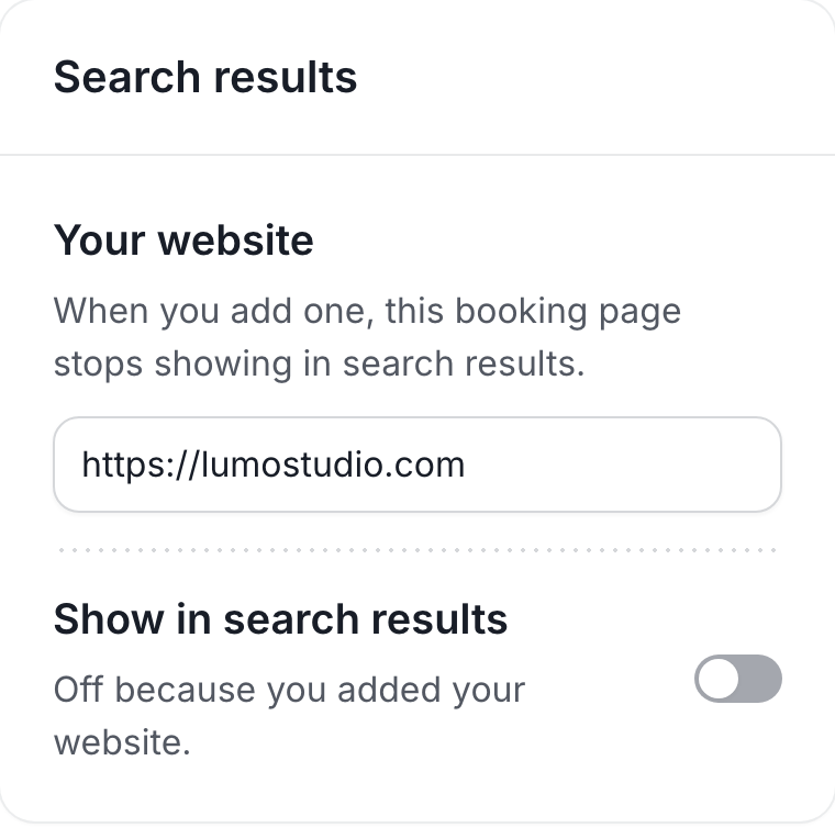 The Search results card in the admin, with the studio’s website filled in and the switch for search results turned off.