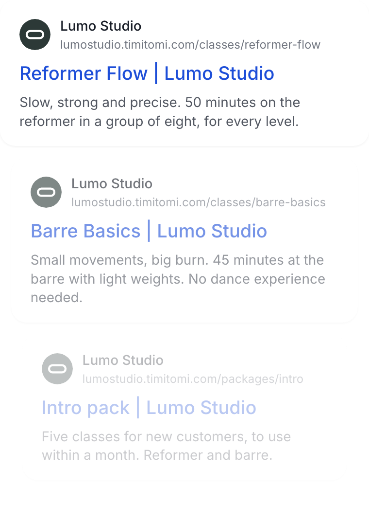 Three search results from the same studio, two classes and a pack, stacked with the first in front.