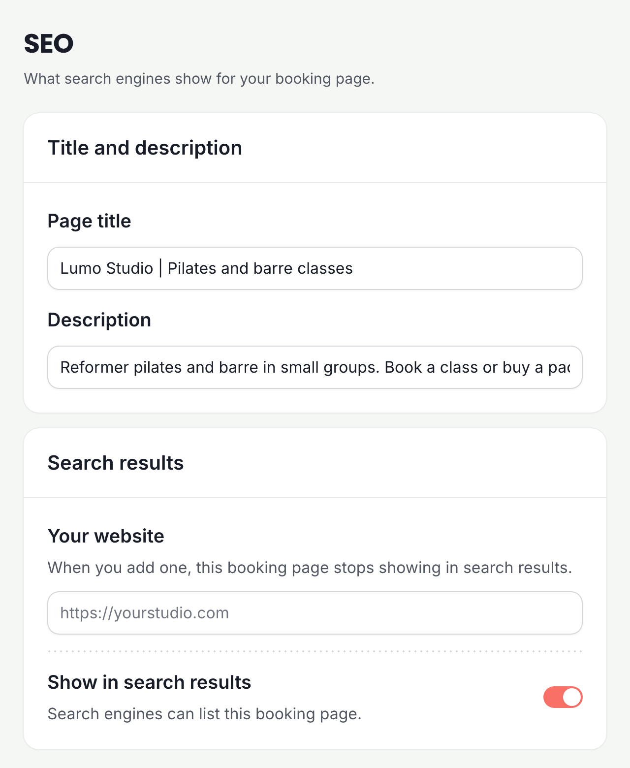 The SEO page of the admin: a card with the page title and description, and a card with the website field and the switch that shows the booking page in search results.