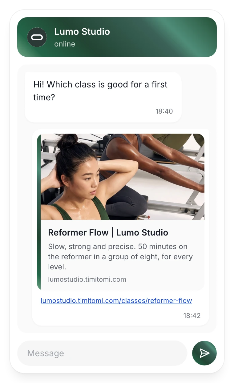 A class link sent in a chat. Above the link, a card shows the class photo, its name, its description and the booking page address.