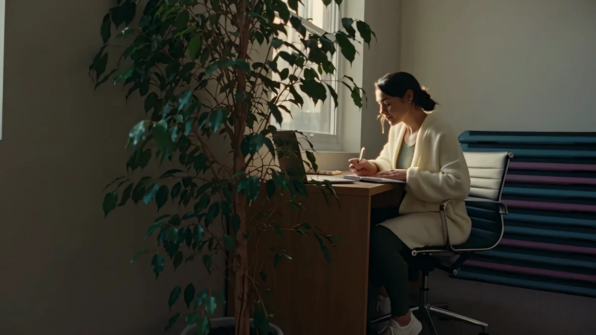 The owner on a call at a small desk with a plant, writing in a notebook.