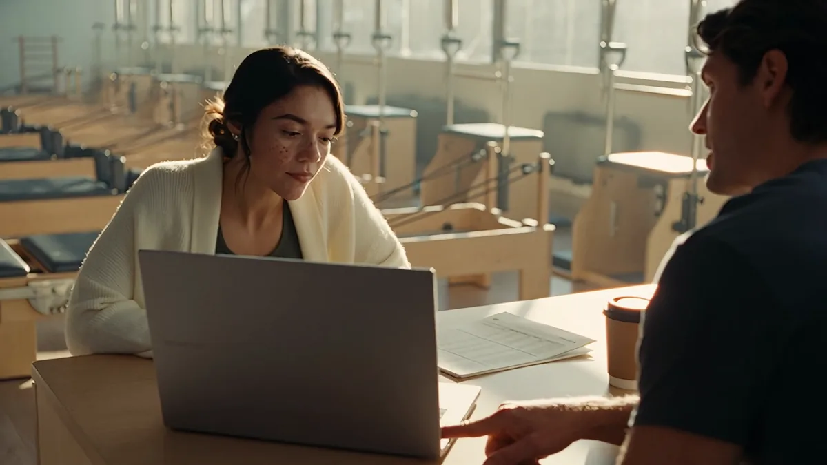 A studio owner laughing at her front desk while a TimiTomi teammate shows her something on a laptop.