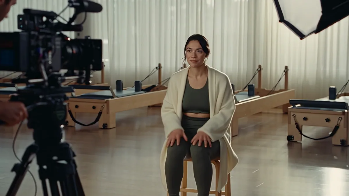 The owner sits on a stool in her studio, talking to a film camera on a tripod.
